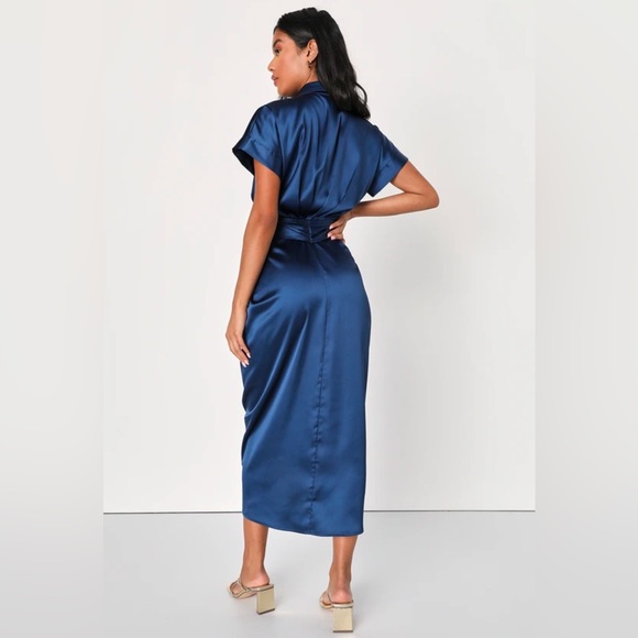 Navy Blue Satin Tie-Front Midi Dress Size Medium - Picture 2 of 4